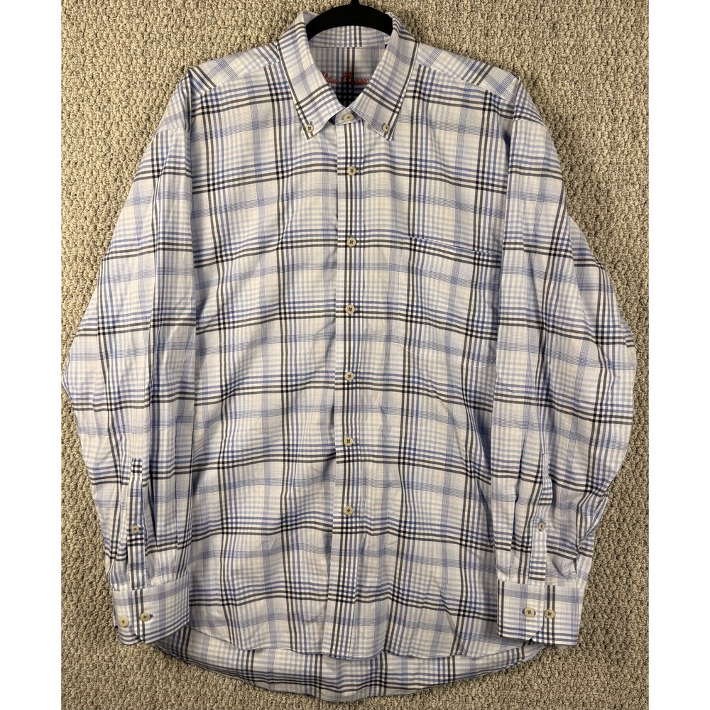 Alan Flusser Plaid Button Down Shirt Large Blue White Cotton Office Preppy E40